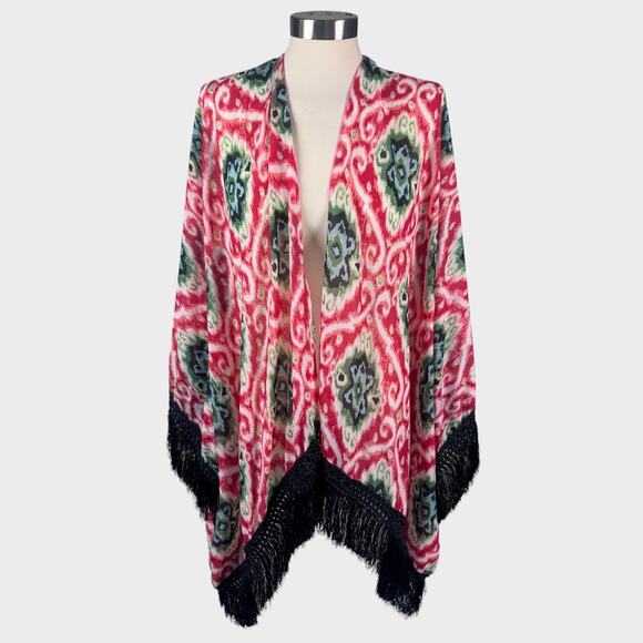 Kimono Cape Fringe Borders Red Green Black OSFM One Size - Picture 1 of 6